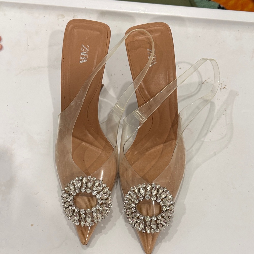 Zara Women's Tan and Clear Embellished Heels